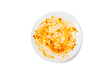 White dirty plate with red sauce and sponge to clean dishes isolated on white background. Cleaning concept.
Cleaning sponge to clean up and washing food stains and dirt on dish after eating meal.