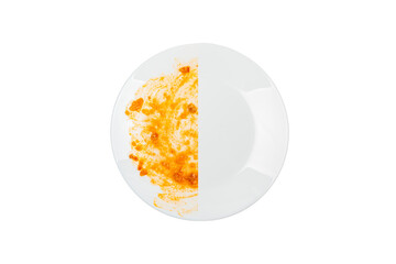 Washing dirty plate with sponge isolated on white background. Concept of washing dishes. Clean...