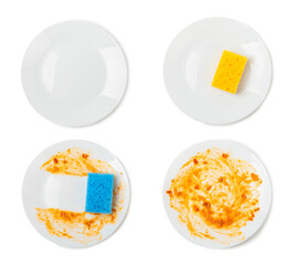 Washing dirty plate with sponge isolated on white background. Concept of washing dishes. Clean plate.Cleaning sponge to clean up and washing food stains and dirt on dish after eating meal.