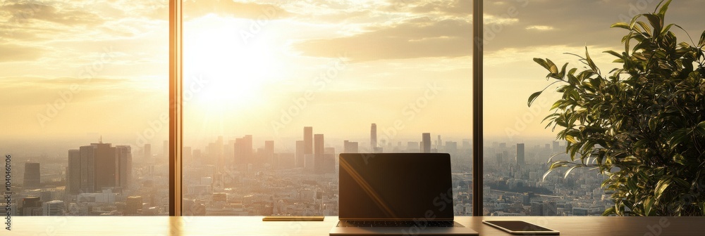 Poster the warm sunlight streams through large windows, illuminating a laptop on a desk with a stunning cit