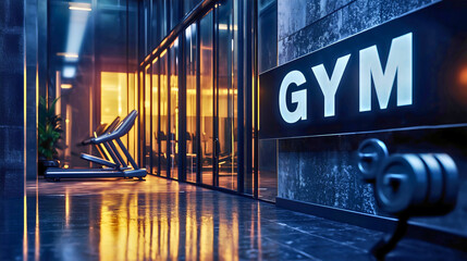 "Gym" sign above the building, boldly indicating a space for fitness and exercise, symbolizing strength, health, and dedication, set against a backdrop of modern architecture.