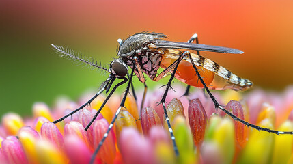 Close-up of a Mosquito on a flower, macro photography, high detail.