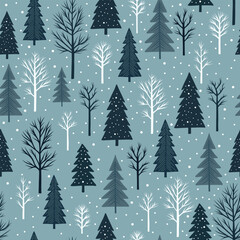 Seamless pattern on a winter theme. Trees and fir trees, winter forest. Vector. Decorative pattern for wrapping paper or fabric print.