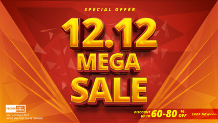 Special offer 12.12 mega sale discount up to 60% off advertising vector template for online marketing with 3d editable text effect 