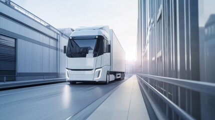 A sleek white truck driving on a modern road, surrounded by industrial buildings, capturing the essence of transportation.