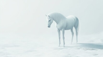 A solitary white horse standing in a snowy landscape
