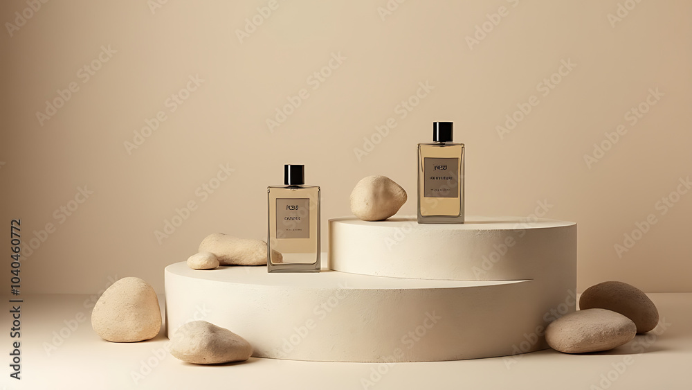 Aufkleber aesthetic perfume bottles sit on a stone podium with rocks against a beige wall creating a unique di