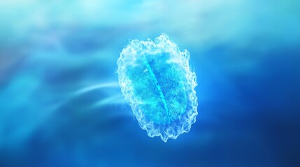 A stunning blue digital illustration of a fluid-like virus particle floating gracefully in a vibrant background.