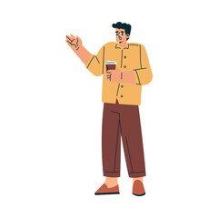 Man Character Standing with Coffee Cup Relaxing in Nature in the Park Vector Illustration