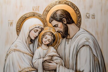 The Holy Family: little Jesus, Mary and Joseph in white clothes on a white background © Volodymyr
