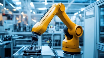 Fototapeta premium A cutting-edge robotic arm in a clean manufacturing environment, showcasing precision and technology, Robotics style