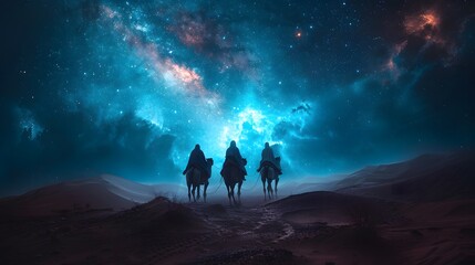Three astrologers riding camels through a desert landscape, the eastern star glowing brightly above them, casting a soft, mystical light on the dunes, the sky filled with countless stars,