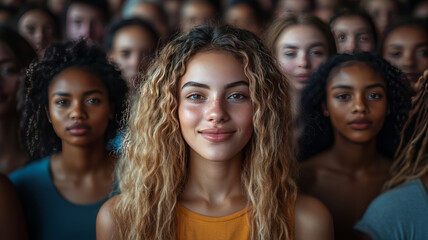 Obraz premium a large group of people, mostly caucasion, equal number of men and women, ages 20 to 65, looking into the camera,