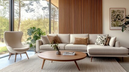 Fototapeta premium Modern minimalist living room, floor-to-ceiling windows, panoramic forest view, curved cream sofa, egg chair, wooden coffee table, potted plant, warm lighting, earth tones, mid-century modern aestheti