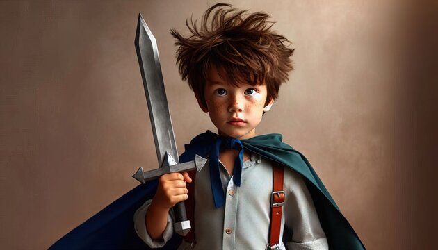 a boy in a cloak plays Superman with a toy sword in his hands
