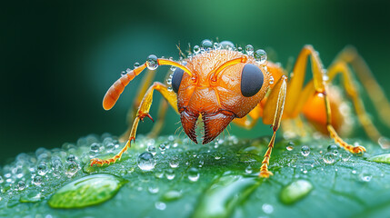 Close-up of an ant on a green leaf with dew.