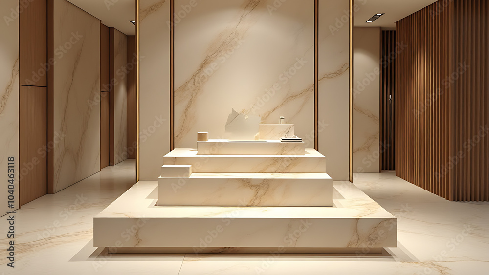 Poster Beige natural stone podium creates elegant product display setup with a unique design element in various environments and settings.