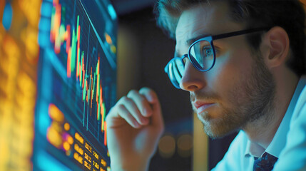 A financial analyst examining a complex chart on a computer screen, showing economic growth trends and market projections. The scene portrays intense focus on interpreting data for decision-making.