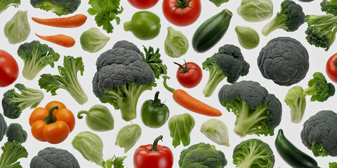 Bunte Auswahl an frischem Gemüse, darunter Brokkoli, Karotten, Tomaten und Paprika, auf weißem Hintergrund, perfekt für gesunde und vitaminreiche Mahlzeiten