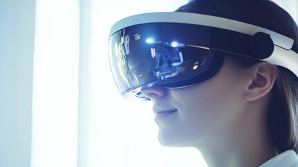 A woman experiences virtual reality with a futuristic headset, showcasing advanced technology and immersive engagement.