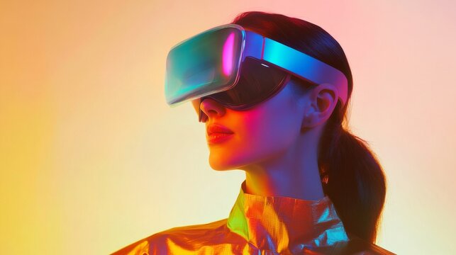 A woman wearing a futuristic virtual reality headset, showcasing immersive technology against a vibrant, colorful background.