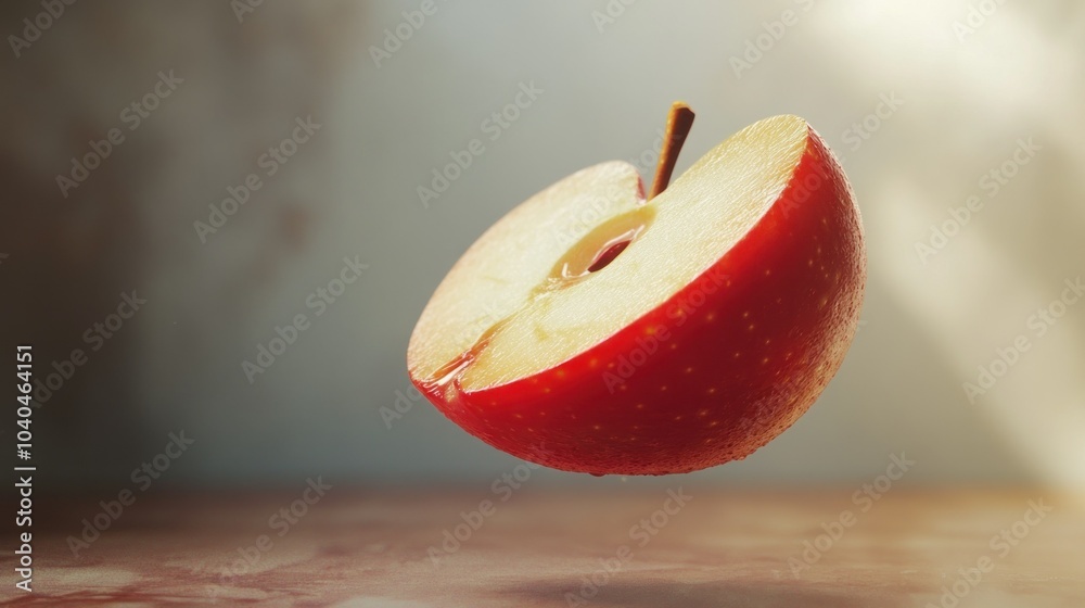Poster a sliced red apple floating above a brown surface