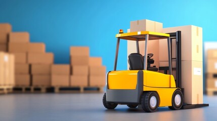 Naklejka premium A yellow forklift lifting a box in a warehouse with stacked cardboard boxes in the background, depicting logistics and storage.