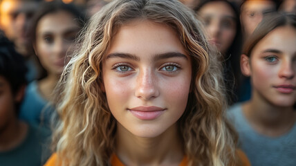 Fototapeta premium a large group of people, mostly caucasion, equal number of men and women, ages 20 to 65, looking into the camera,