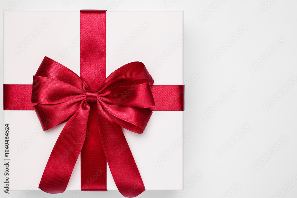 Wall mural Gift box with red bow on light grey background, top view. Space for text