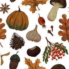 seamless autumn pattern with natural elements of plants and fruits, orange and brown, warm colors