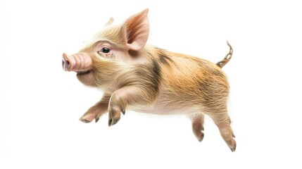 A Small Piglet Leaping Through The Air, Isolated On White