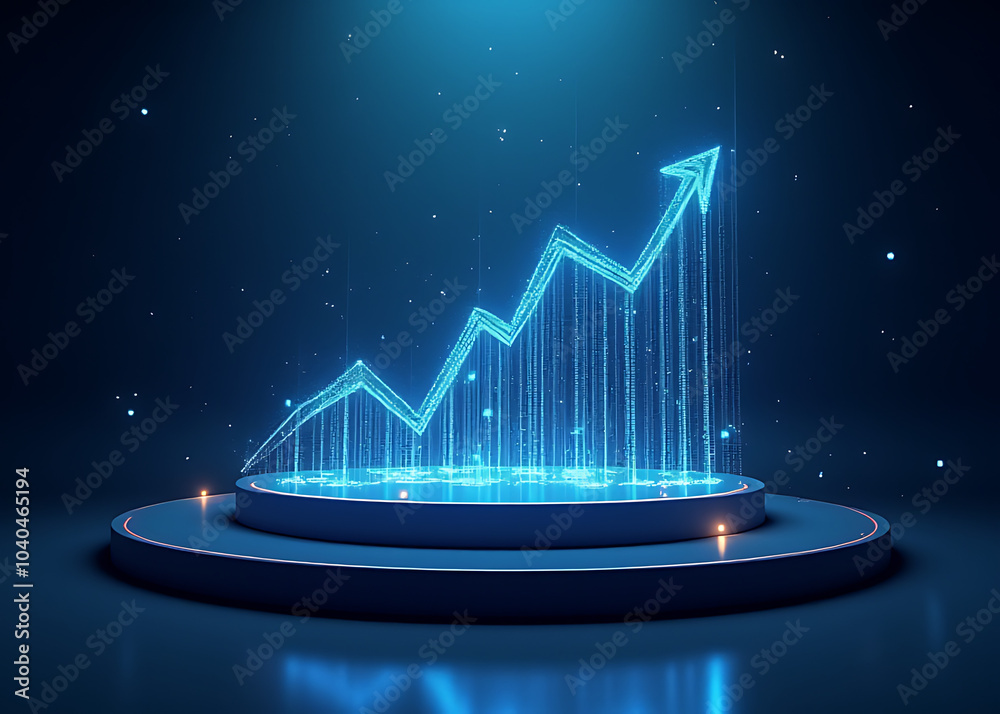 Aufkleber Business concept features futuristic podium with glowing growth data paths, ample copy space for business and tech visuals.