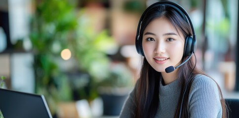 Call center agent with headset working on support hotline in modern office. Portrait of beautiful young Asian woman looking into camera.