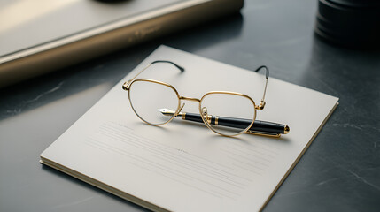 Fototapeta premium Elegant Flatlay of Gold-Rimmed Glasses, Black and White Stationery, and a Black Fountain Pen
