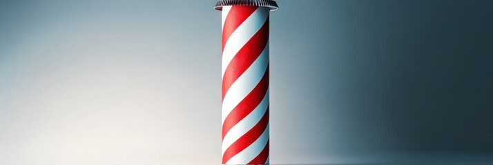 Fototapeta premium Barber pole, close-up, red and white stripes, cylindrical, classic barbershop symbol, blurred background, bokeh effect, metallic surface, shiny, professional photography, shallow depth of field, vinta