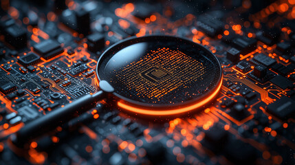 Cyber ​​security. Digital security concept with a magnifying glass and lock icon on a circuit board background, with orange neon light.