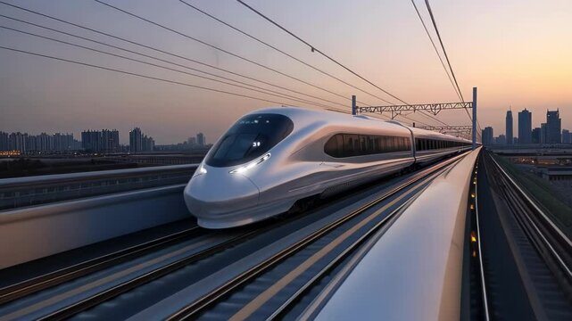 A sleek high-speed train on elevated tracks during sunset in an urban setting.