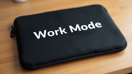 Stylish black laptop sleeve with Work Mode text on wooden desk