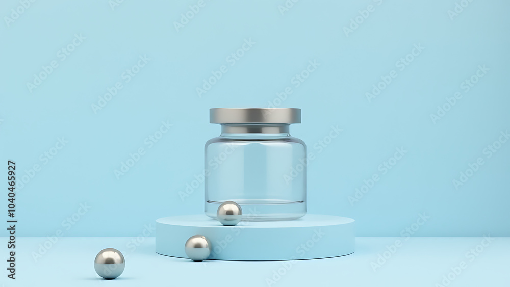 Poster Clear glass jar on light blue platform holds silver lid with matching spheres in a modern minimalist design setup.