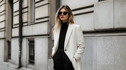 Fototapeta premium Young Woman in a Stylish Outfit Against Urban Architecture – Neutral Colors, Minimalist Styling, Black Coat, Gold Accents, Fashion Accessories