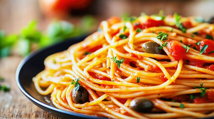 Delicious spaghetti puttanesca with anchovies, olives, and capers served on a rustic wooden table