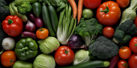 Bunte und frische Gemüsesammlung mit Tomaten, Karotten, Brokkoli und Zucchini, appetitlich und vitaminreich arrangiert, ideal für eine gesunde, pflanzliche und ausgewogene Ernährung