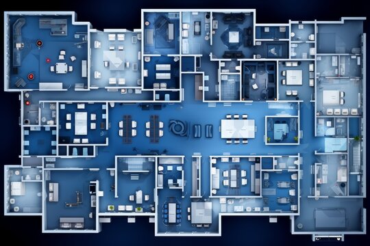 Minimalist office layout design featuring corporate colors for efficient space utilization