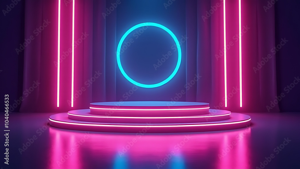Poster colorful neon lights surround a modern 3d podium design in the background of the stage setup.