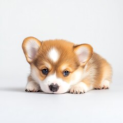 A cute, fluffy Corgi puppy lying down, showcasing its adorable features and playful demeanor.