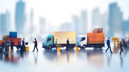 Busy urban logistics scene with trucks, packages, and workers. Ideal for transportation and supply chain themes.