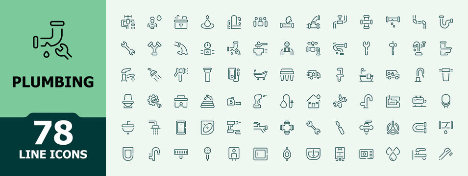 Plumbing icon set. Containing faucet, pipe, wrench, shower, toilet, sink, plumber tools, and more. Minimalist line vector icons collection. Vector illustration.