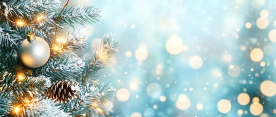 Christmas and New Year background with snowflakes, lights, garland, and pine branches Christmas tree branches on a pastel blue bokeh light abstract blurred background Generative AI