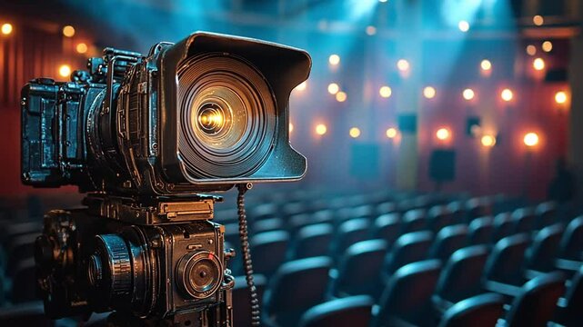 A vintage camera on a tripod in a dimly lit theater with soft blue lighting footage