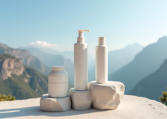 Cosmetic bottles sit on stone podiums in a scenic mountain backdrop for minimalist branding displays.